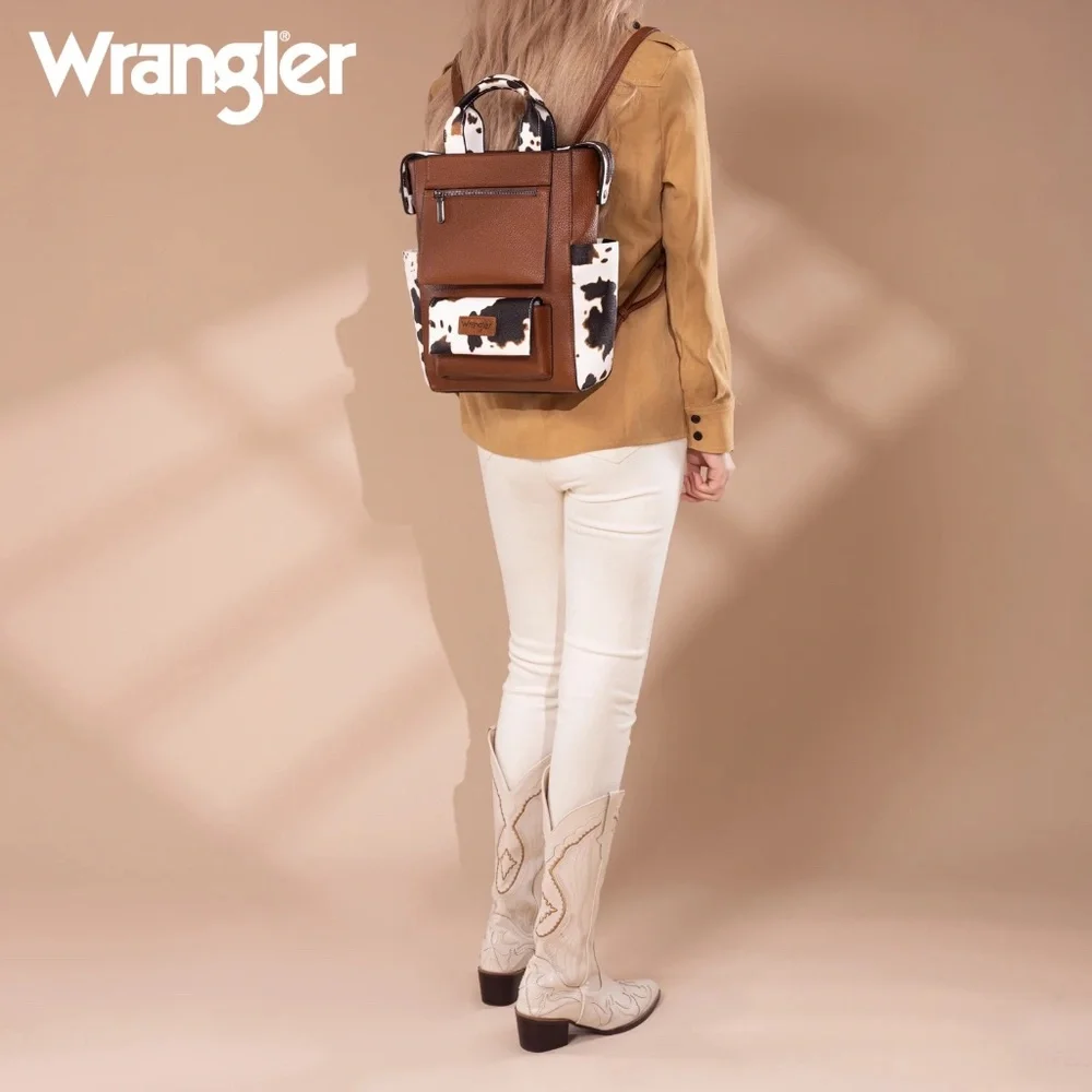 Wrangler Cow Print Tote/Shoulder Bag Convertible Backpack - Brown-Brown